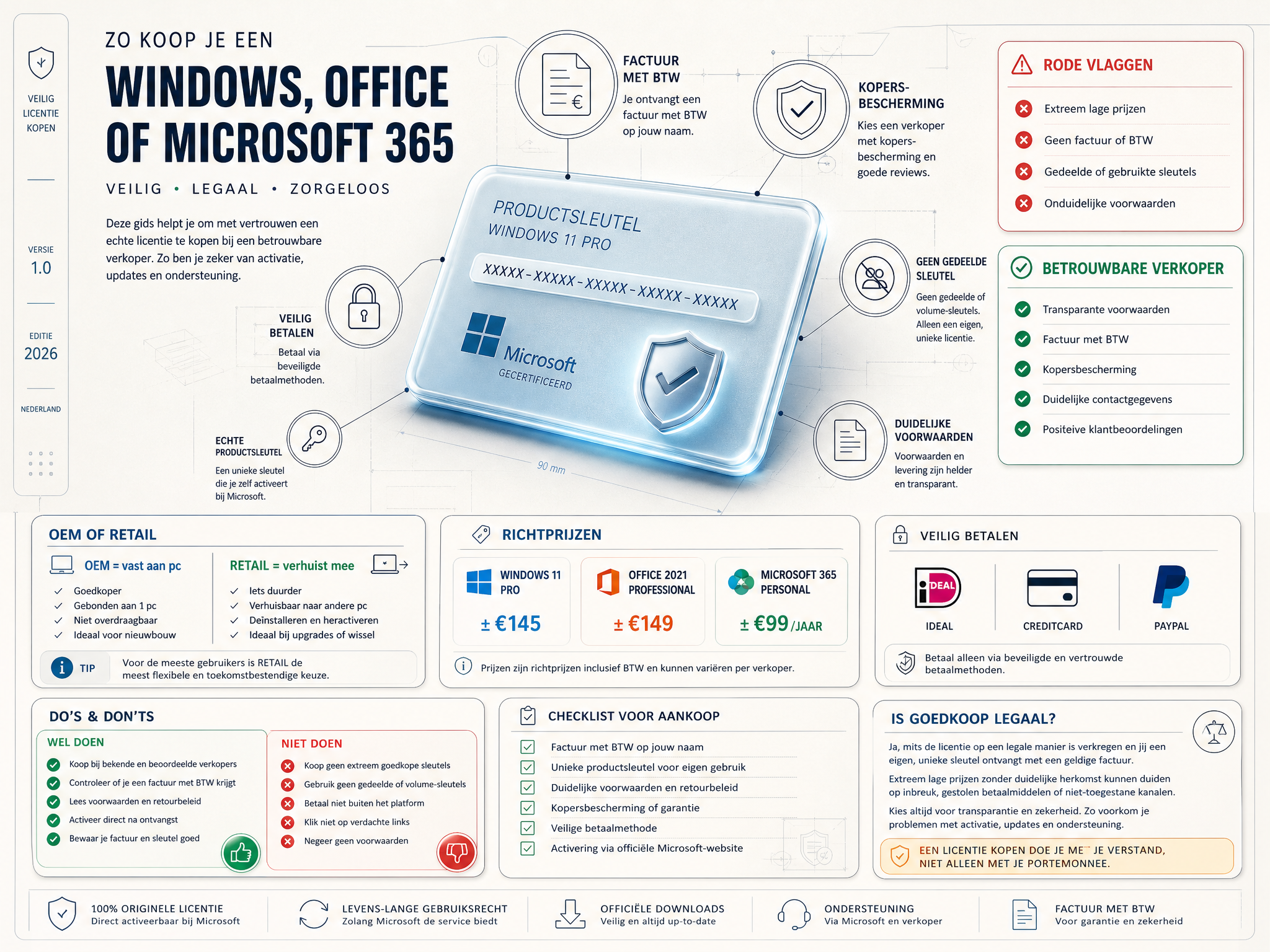 Infographic: veilig software kopen — rode vlaggen, kenmerken van een betrouwbare verkoper, richtprijzen voor Windows, Office en Microsoft 365, en het verschil tussen OEM en retail