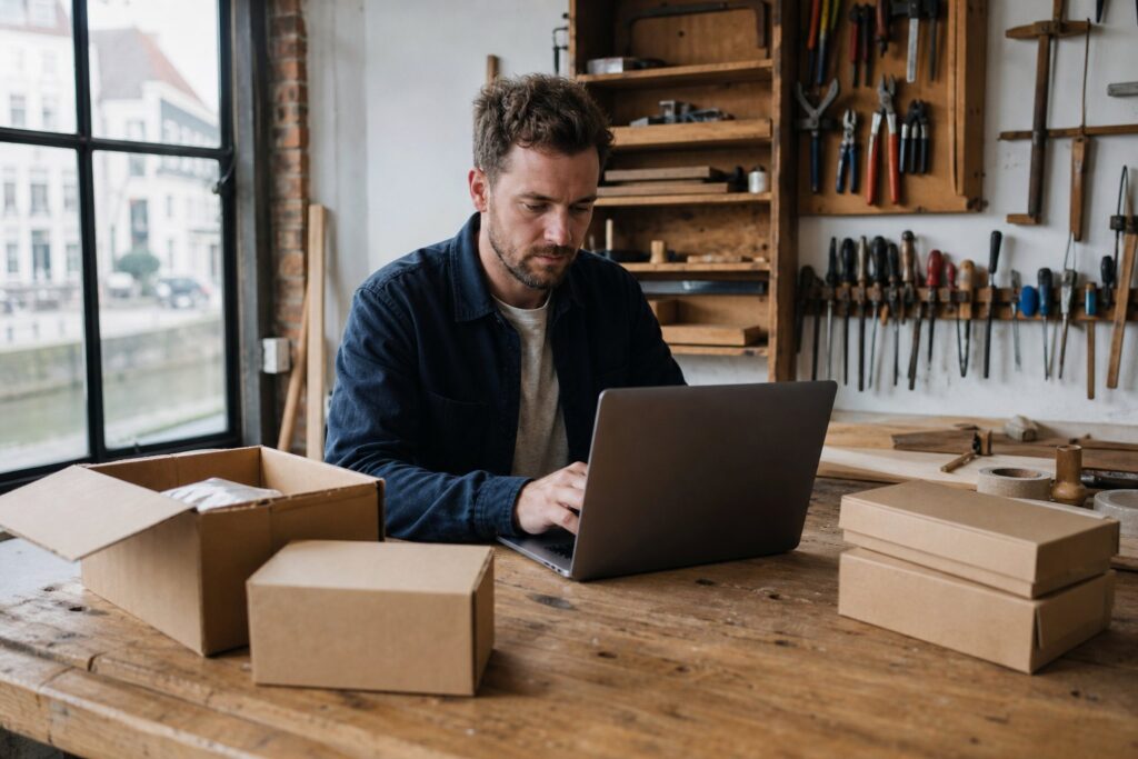 Ondernemer achter een laptop met verzenddozen en gereedschap in een kleine Nederlandse werkplaats