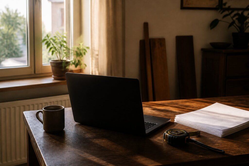 Thuiswerkplek van een zelfstandige met laptop en papierwerk in het middaglicht